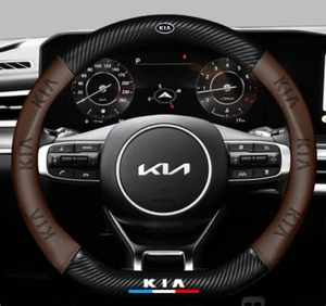 15" PU Leather+Carbon fiber Steering Wheel Cover For 1994-2025 Kia  All Cars - Picture 1 of 15