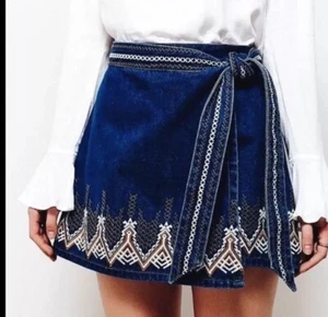 Free People Dream Away Embroidered Wrap Denim Mini Skirt 6 Blue - Picture 1 of 6