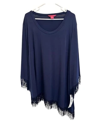Blusa túnica nova com etiquetas Sunny Leigh franja Wmns 2X bainha azul assimétrica EUA $58 - Imagem 1 de 4