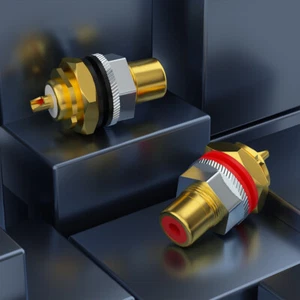 Coppia Prese RCA Puro Rame Telaio Terminale con Connettore Placcato Oro/Rodio - Foto 1 di 15