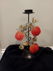 Autumn Themed Metal Candlestick Holder With Pumpkins And Leaves - Picture 1 of 8