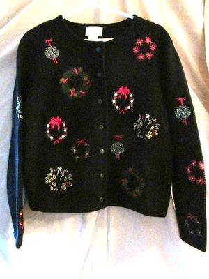 Кардиган Susan Bristol свитер средний рождественские венки 42 дюйма грудь 22 дюйма длинная шерсть - Изображение 1 из 4