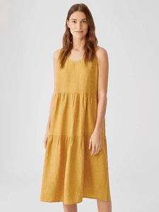 Eileen Fisher Marigold Washed Organic Linen Delave Tiered Midi Dress SP - Picture 1 of 5
