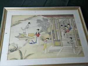 PINTURA ACUARELA Y TINTA GEISHAS CHINAS DE COLECCIÓN FIRMADA ENMARCADA 15x20" - Imagen 1 de 4