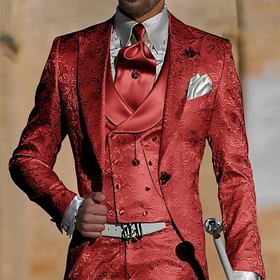 Paisley Floral Men Suit Sets 3pc Slim Fit Prom Groom Tuxedos Peak Lapel Business - Image 1 of 4