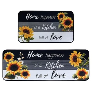 Sunflower Kitchen Rugs Set of 2 17"x47"+17"x30" Black White Non Skid - Picture 1 of 8