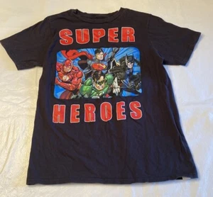 Justice League Kids Black Super Heroes T- Shirt- Size Large - Picture 1 of 3