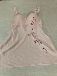 Linea Donatella Pink Sheer Babydoll Nightgown TopSupport Embroidered Hearts SZ M - Picture 1 of 12