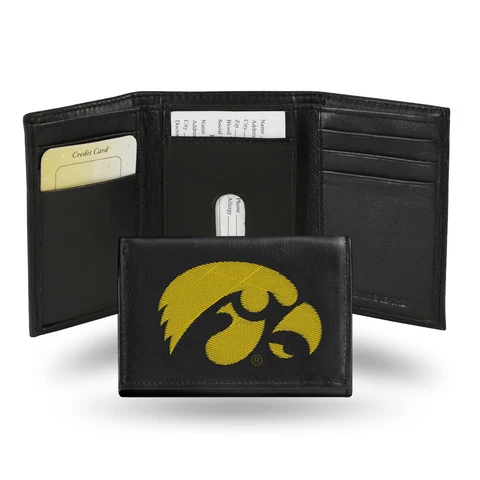 Iowa Hawkeyes Embroidered Team Logo Black Leather Trifold Wallet Cover