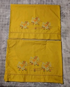 Set Of 2 Vintage Hand Painted Gold Colored Pillowcases Sheep - Picture 1 of 12