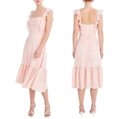 BCBG Paris Vestido Midi Rosa Estampado Punto Volantes Sin Mangas L Foto 1 de 4
