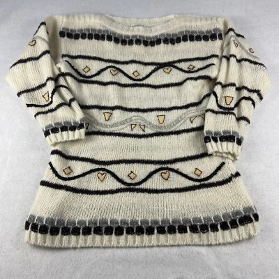 Suéter Adolfo Mujer Pequeño Crema Negro Tejido Metálico Mezcla Lana Manga Larga De Colección Foto 1 de 4