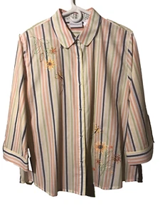 Alfred Dunner Blouse Sz 18 Collared Vertical Stripe Multicolor Embroidery Beads - Picture 1 of 10