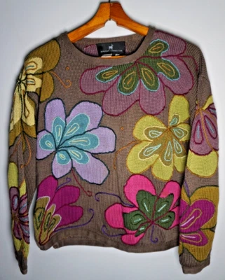 Vintage Peruvian Connection Knit Sweater Medium Womens Pima Cotton Floral Green - Image 1 of 4