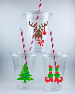 Christmas Party Cups Set/12 With Lids Straws Disposable Reindeer Tree Elf - Picture 1 of 1