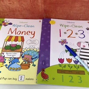 Lot Of 2 Usborne Wipe Clean Books Money And 1-2-3 Numbers With Shapes Counting - Picture 1 of 11