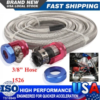 3/8" Hose 3ft. Stainless Steel Braided Fuel Line Kit 1526 New wpith Clamps AN6 - Image 1 of 4