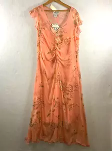 Vintage Damen Seide Maxikleid Gr. 16 Koralle Zierlich Romantisch Transparent Flatter Fee - Bild 1 von 21