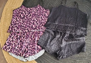2 x NIGHT CAMI TOP & SHORT SETS XL UK14/16 Black & Pink Leopard Print UNWORN - Picture 1 of 4