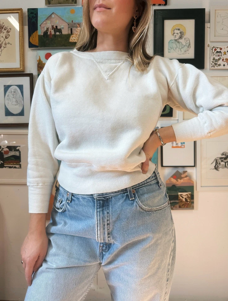 Vintage 1950s Single V Crewneck Sweatshirt White Cotton Blank - Image 1 of 4