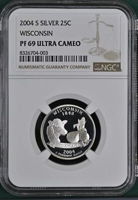 2004 S Wisconsin Quarter Proof Silver 25c Coin NGC PF 69 Ultra Cameo PR69 - Image 1 of 2