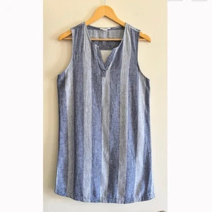 Beach Lunch Lounge Striped Shift Henley Dress White & Blue Linen Blend Womens SP - Picture 1 of 9
