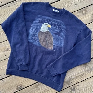Vintage 90s Field Guide Bald Eagle Nature Crewneck Sweatshirt Size L Navy - Picture 1 of 12