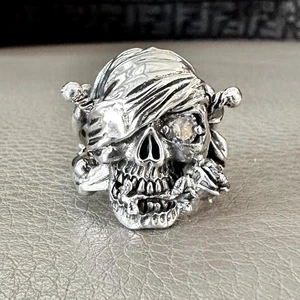 Handcrafted 925 Sterling Silver Pirate Skull Punk Skull Gothic Biker Bones Ring - Picture 1 of 6
