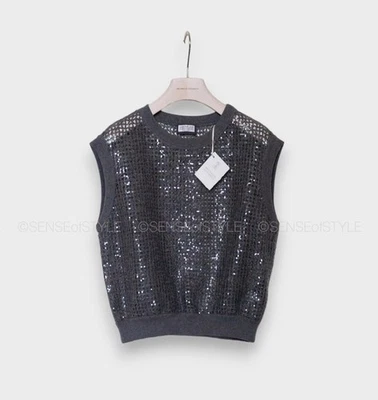 Brunello Cucinelli  Dazzling Net Embroidery T-shirt Top  Mohair and Wool Vest XS - Image 1 of 4