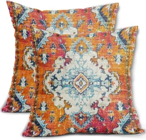 Orange Teal Boho Vintage Pillow Covers 18X18 Inch Bohemian Carpet Print Decorati - Picture 1 of 7
