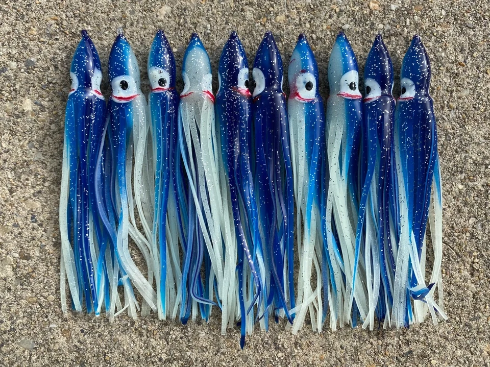 TACKLEWORKS Lot Of 10 Hoochie 5" Squid Skirts Replacement Unrigged Fishing Lures - Blue/Glow