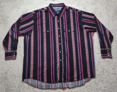 Vtg 90 Wrangler Western Shirt Men XL Black Pearl Snap Striped Aztec Cowboy Rodeo - Image 1 of 4