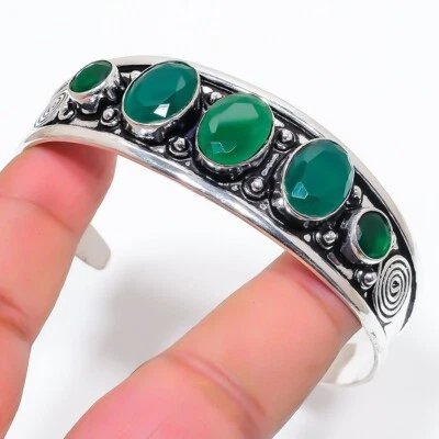 Brazalete ajustable de plata de ley 925 con piedras preciosas de ónix verde Foto 1 de 2