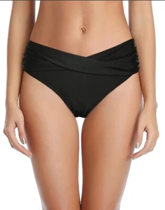 Women Black Twist Bikini Bottom Moderate High Cut Bathing Suit Bottoms Size M - Imagen 1 de 3