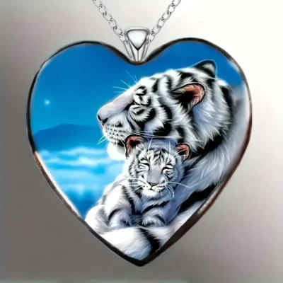Collar Colgante Corazón Tigres Blancos Joyería Vintage Plateado Amor Tigre León Foto 1 de 4