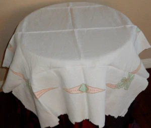 Vintage Embroidered Applique Ivory Tablecloth Coffee table Topper 34"X 34 1/2 " - Picture 1 of 10