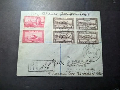 Cubierta de correo aéreo registrada Rumania 1928 Bistrita a Londres SE19 Inglaterra Foto 1 de 2