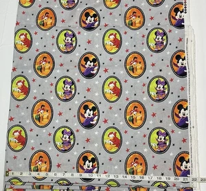New Halloween Fabric Mickey & Friends on Gray 100% Cotton Free Ship Half/Full Yd - Picture 1 of 3