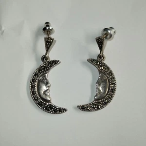 Vtg Estate Sterling Silver Crescent Moon Man Earrings Marcasite Dangle Celestial - Picture 1 of 11