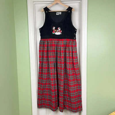 VTG 90s Disney Store Mickey and Minnie Plaid Corduroy Overall Dress XL Christmas - Image 1 of 4