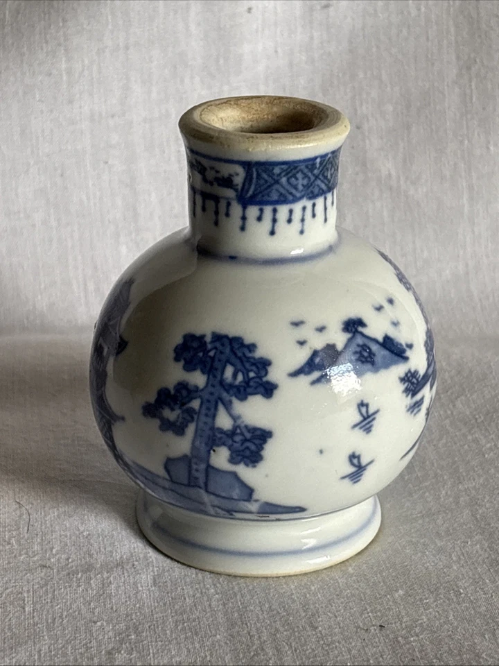 Antigua botella de tabaco china azul blanco porcelana paisaje 4 pulgadas falta tapa Foto 1 de 4