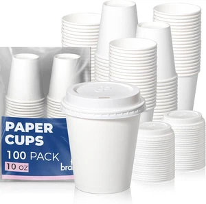 Paquete de 100 tazas de café desechables de 10 oz con tapas, tazas de papel premium para llevar, Le... - Imagen 1 de 1
