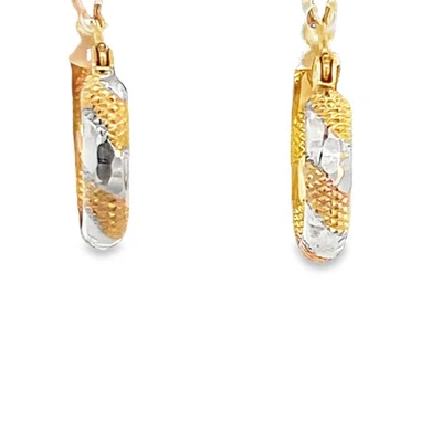 huggie Hoop earrings solid 14k yellow & white gold pattern design Small 1/2" NEW - Image 1 of 4