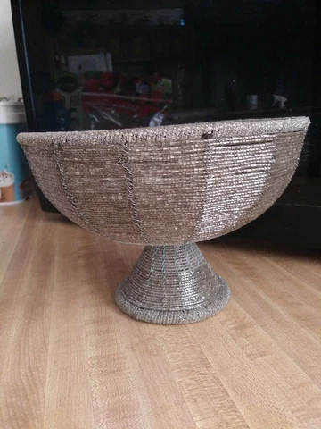 Beaded Wired Basket Compote Dish Bowl Glass Seed Beads SILVER Metal Wire Frame Cover