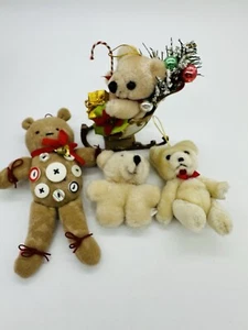 Vintage Set 4 Teddy Bear Stuffed Mini Christmas Ornaments Red Ribbon Jointed - Picture 1 of 13