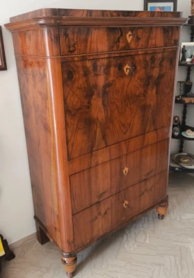 IMPORTANTE SECRETAIRE BIEDERMEIER 1800 - NOCE e MOGANO RIBALTA SCRITTOIO - Immagine 1 di 4