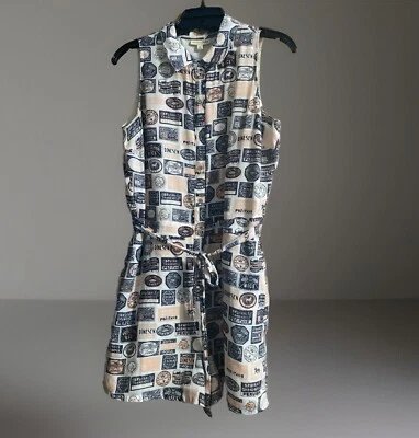 Maison Jules Women￼ Postage Stamp Beige/Blue/Pink Printed Button Front Romper Me - Image 1 of 4