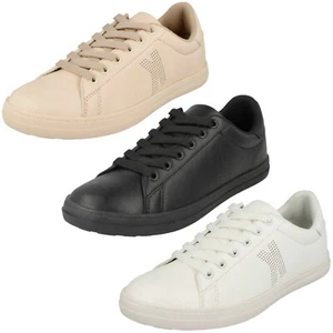 Mujer Spot On F7R048 Blanco o Negro Sintético con Cordones Zapatilla - Imagen 1 de 19