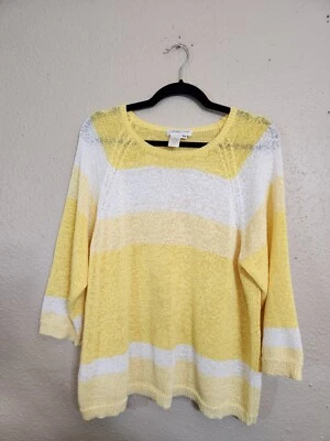 Suéter feminino Coldwater Creek listrado branco amarelo gola redonda manga 3/4 tamanho 2X - Imagem 1 de 4