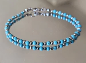Dainty Turquoise Bracelet Blue Gems Beaded Bracelet Silver Stackable Bracelet - Picture 1 of 3